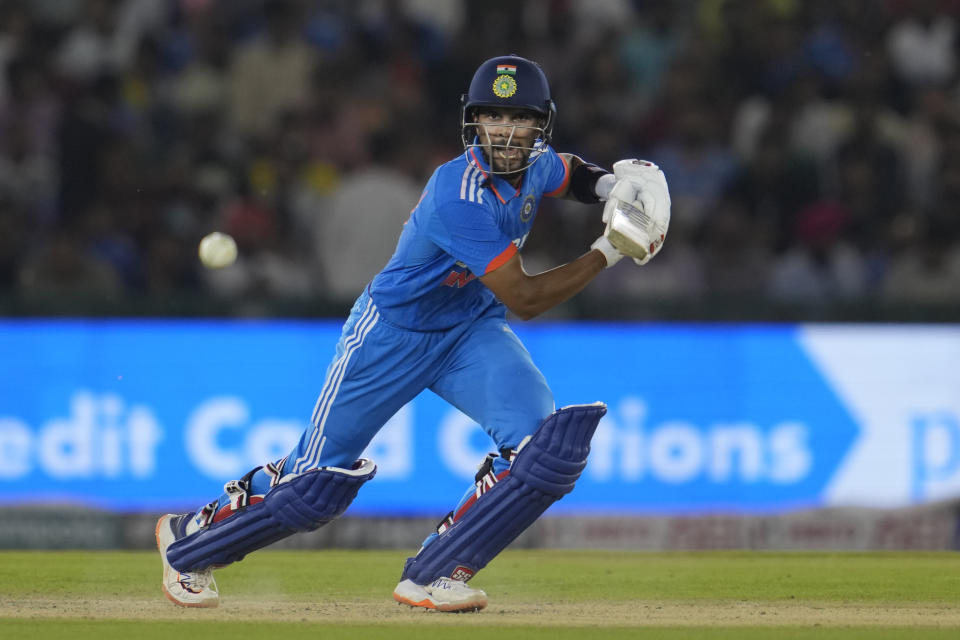 India's Ruturaj Gaikwad plays a shot during the first one day international match between Australia and India in Mohali, India, Friday, Sept. 22, 2023. (AP Photo/Altaf Qadri)