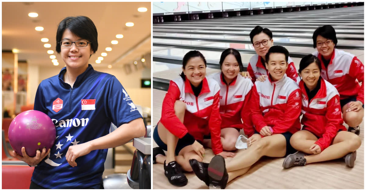 Cherie Tan (left) swept to four golds at the Asian Tenpin Bowling Championships in Hong Kong, helping Singapore's national women's team (right) clinch the team gold as well. (PHOTOS: Yahoo News Singapore/Singapore Bowling Federation)