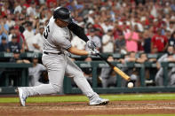 New York Yankees' Gleyber Torres strikes out swinging for the final out of a baseball game against the St. Louis Cardinals Saturday, Aug. 6, 2022, in St. Louis. The Cardinals won 1-0. (AP Photo/Jeff Roberson)