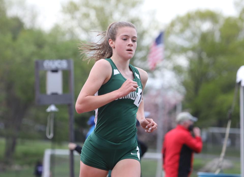 Cornwall's Karrie Baloga competes in the 3200-meter run in the 53rd annual Loucks Games at White Plains High School on Friday, May 7, 2021. 