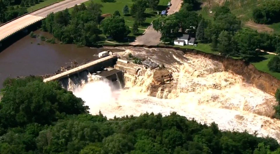 The Rapidan Dam, pictured, partially failed on Monday due to rushing waters and debris build up (KARE11)