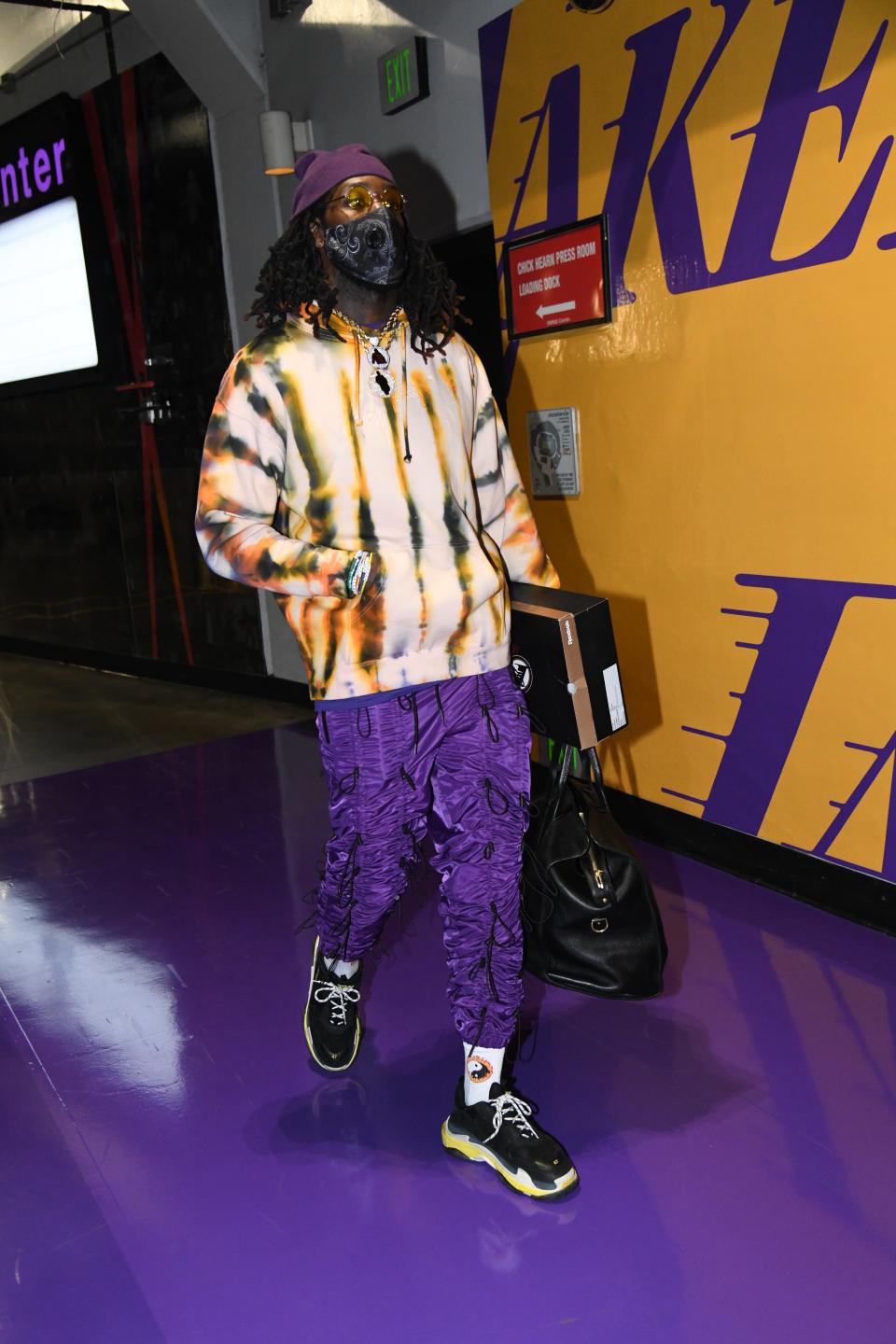 Montrezl Harrell of the Lakers arrives for a game against the Chicago Bulls in Los Angeles, January 8, 2021.