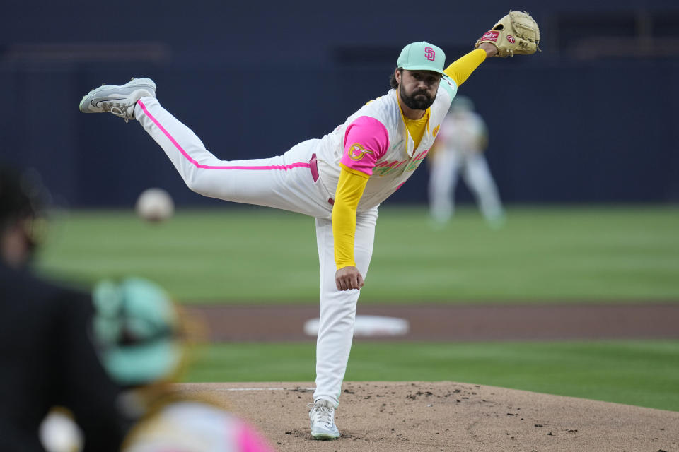 San Diego Padres starting pitcher Matt Waldron works against a Toronto Blue Jays batter during the first inning of a baseball game Friday, April 19, 2024, in San Diego. (AP Photo/Gregory Bull)