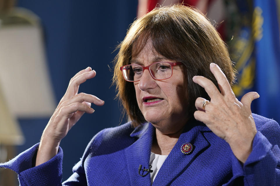 Rep. Annie Kuster, D-N.H., talks during an interview with The Associated Press in her office on Capitol Hill in Washington, Wednesday, Dec. 15, 2021, looking back a year later at her experience during the Jan. 6 Capitol insurrection. (AP Photo/Susan Walsh)