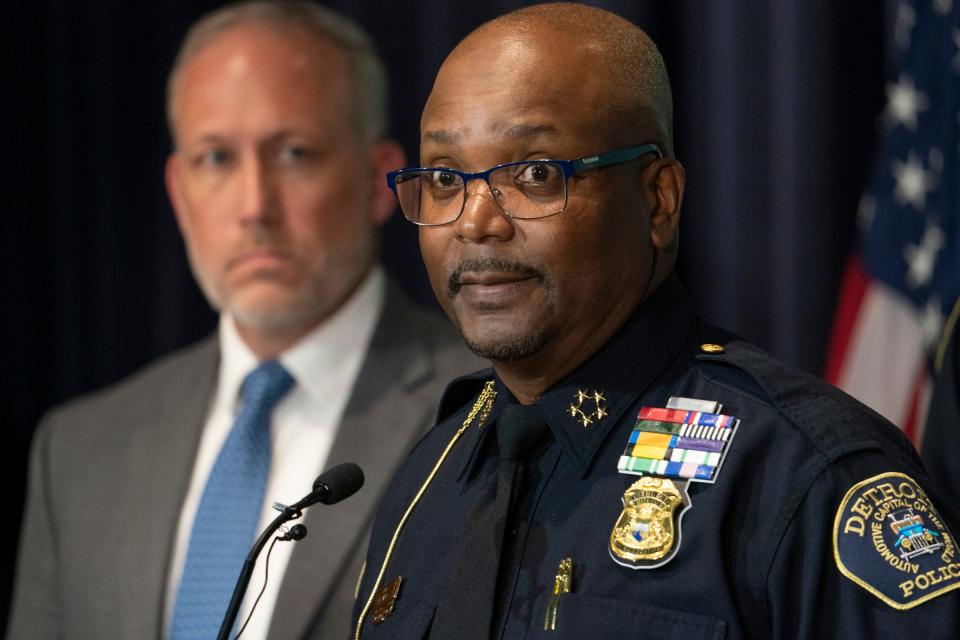 Chris Graveline, Detroit Police director of professional standards and constitutional policies, left, joins Detroit Police Chief James White during a press conference Oct. 4, 2022, at Detroit Public Safety Headquarters regarding the fatal Oct. shooting of Porter Burks.