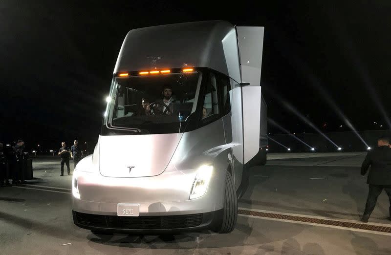 FILE PHOTO: Tesla's new electric semi truck is unveiled during a presentation in Hawthorne