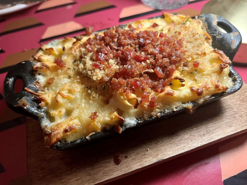 Iberico mac n cheese -- with garganelli, mahón, gremolata and crispy jamón -- at The Iberian Pig in the Gulch in Nashville on Oct. 24, 2023