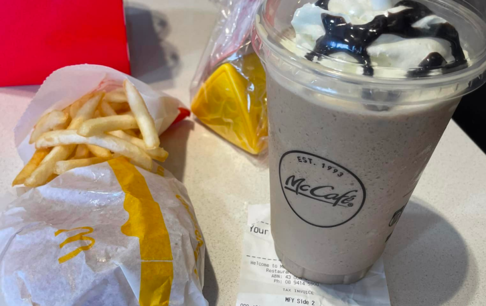 McDonalds Cheeseburger, chips and McCafe frappe