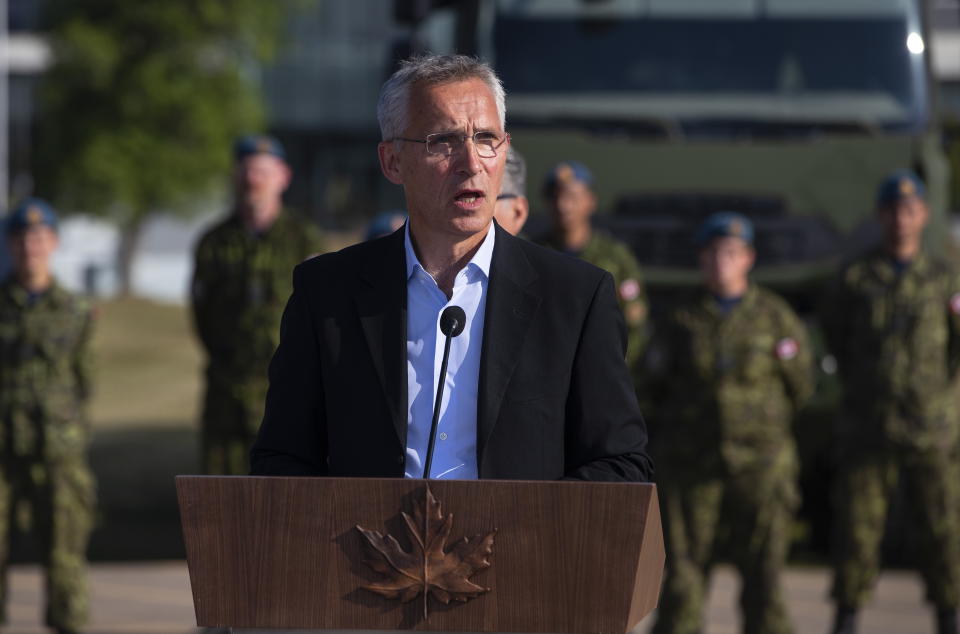 NATO Secretary General Jens Stoltenberg speaks during a press conference at 4 Wing Cold Lake air base in Cold Lake Alta, on Friday Aug. 26, 2022. (Jason Franson /The Canadian Press via AP)