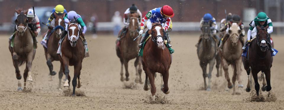 Jack Christopher, with jockey Jose Ortiz aboard, wins the Pat Day Mile at Churchill Downs on Kentucky Derby Day on May 7, 2022.