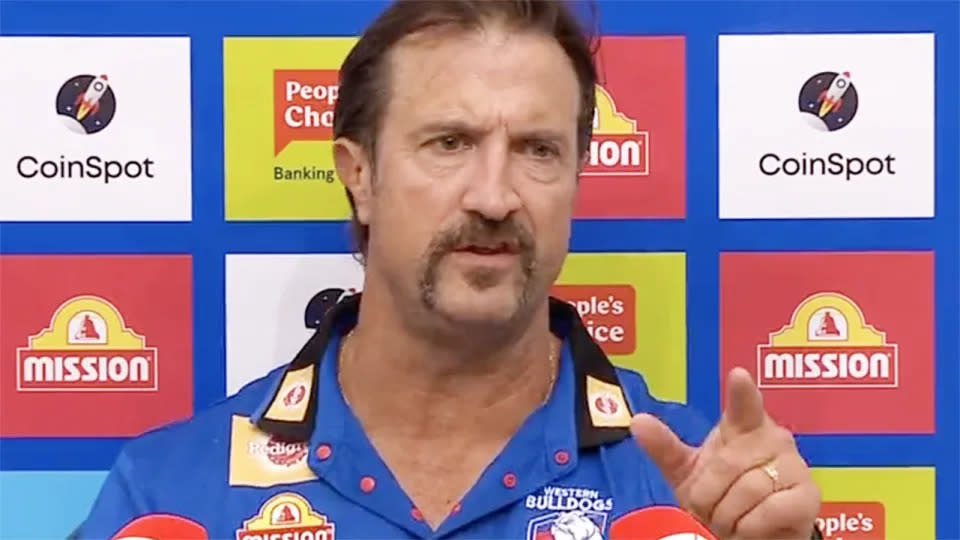 Luke Beveridge is seen here launching a savage attack on AFL journalist Tom Morris. 