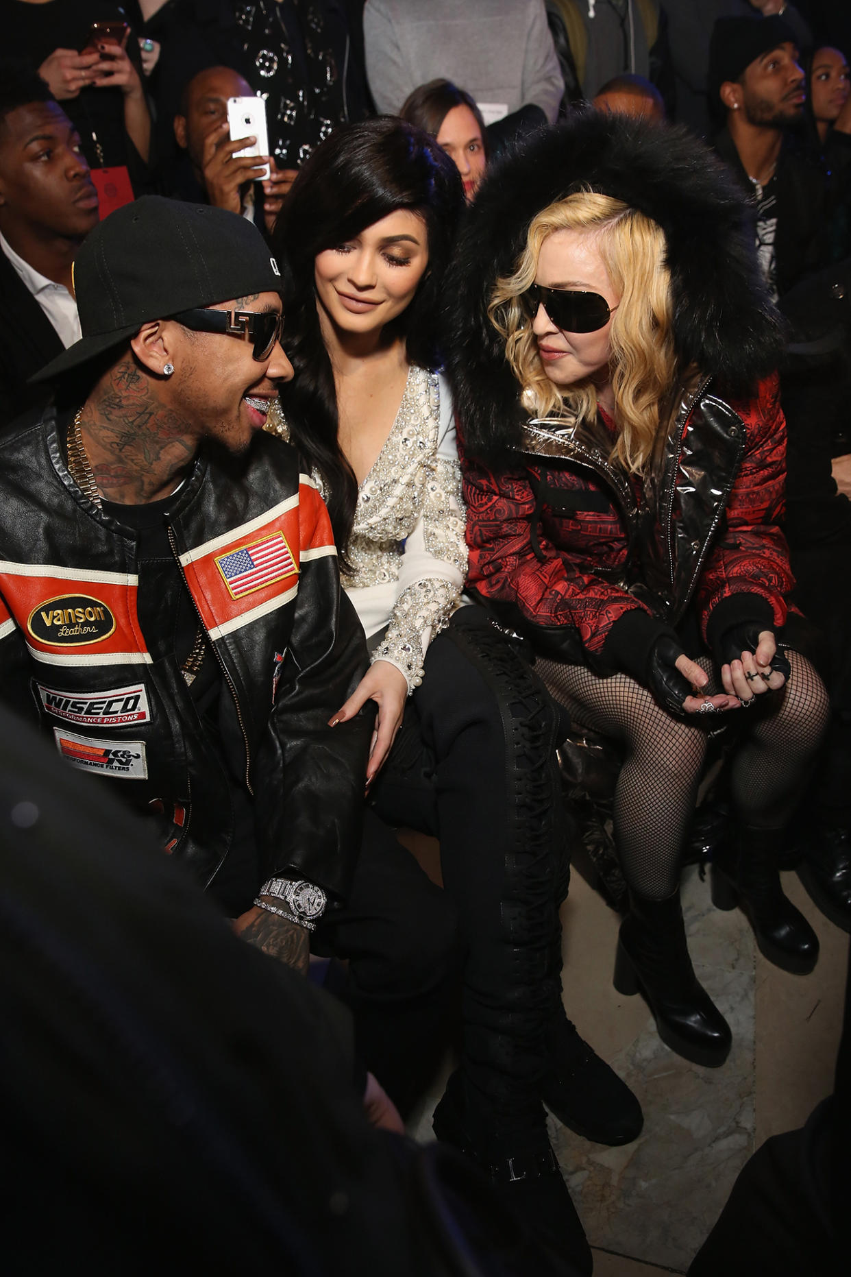 NEW YORK, NY - FEBRUARY 13: Tyga, Kylie Jenner, and Madonna attend the Philipp Plein collection during, New York Fashion Week: The Shows at New York Public Library on February 13, 2017 in New York City.  (Photo by Monica Schipper/Getty Images for New York Fashion Week: The Shows)