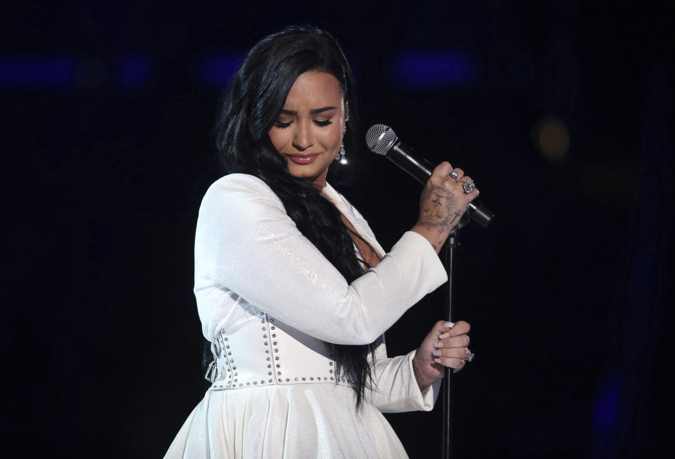 Demi Lovato performs "Anyone" at the 62nd annual Grammy Awards on Sunday, Jan. 26, 2020, in Los Angeles. (Photo by Matt Sayles/Invision/AP)