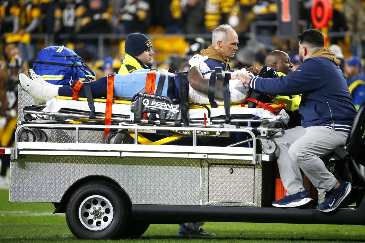 Treylon Burks is alert and moving after taking a hard fall during Thursday's game. (Photo by Justin K. Aller/Getty Images)