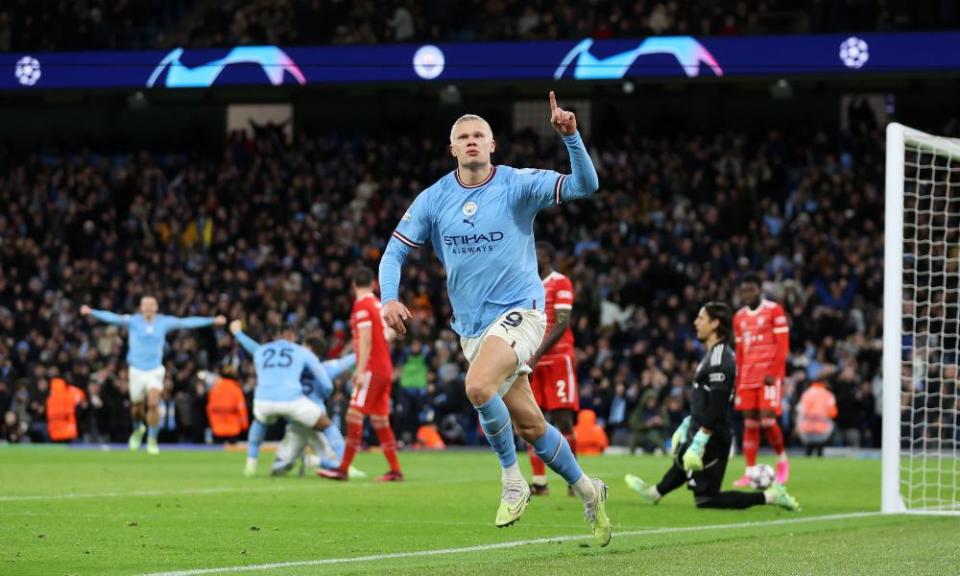 Erling Haaland celebrates after scoring for Manchester City against Bayern Munich.