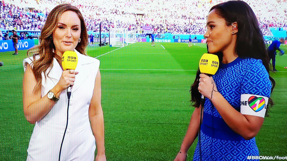 Alex Scott, pictured here wearing the One Love armband during BBC's coverage of England's clash with Iran at the World Cup. 
