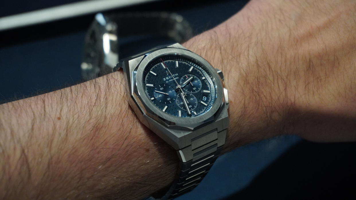  The Zenith Defy Skyline Chronograph worn on the wrist of T3's Sam Cross at Watches and Wonders 2024. 