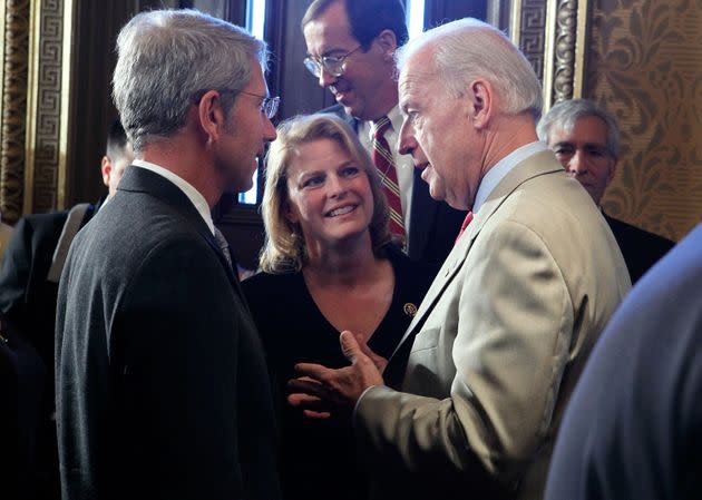 Schrader (left) greets then-Vice President Joe Biden in June 2010. McLeod-Skinner hopes Democratic voters want a representative who is ideologically closer to Biden. (Photo: Alex Wong/Getty Images)