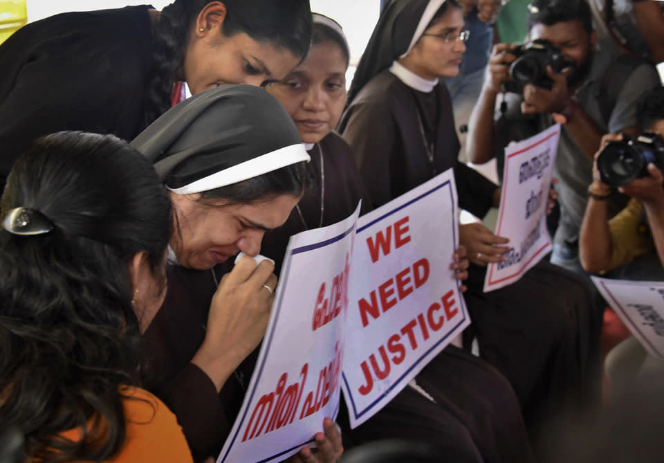 A nun cries as she participates in a sit in protest demanding the arrest of a Bishop Franco Mulakkal in Kochi, Kerala on 13 September 2018. (Photo: ASSOCIATED PRESS)