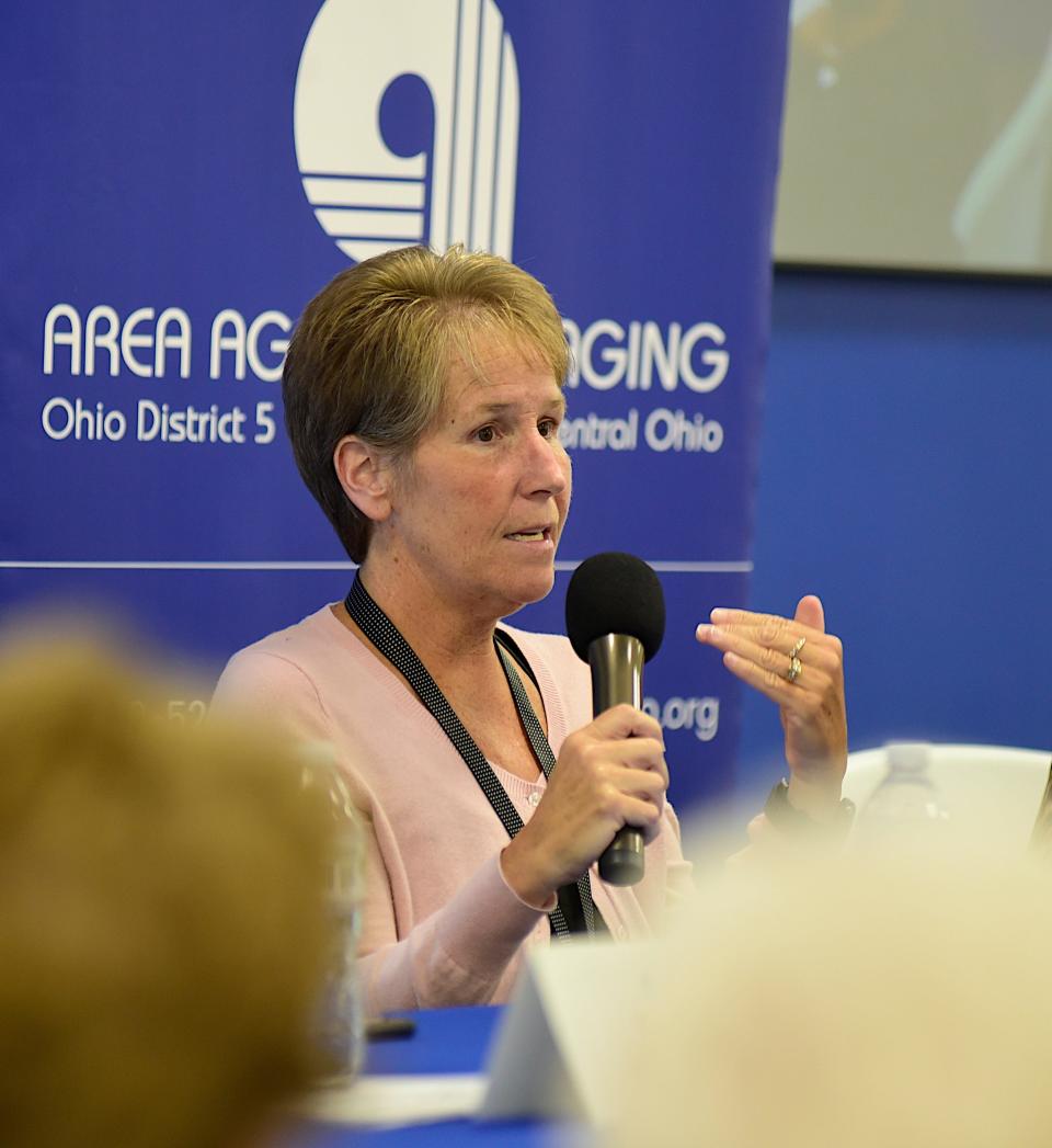 Erin Schaefer of Catalyst Life Services explains the importance of disaster response Thursday at the Ohio District 5 Area Agency on Aging.