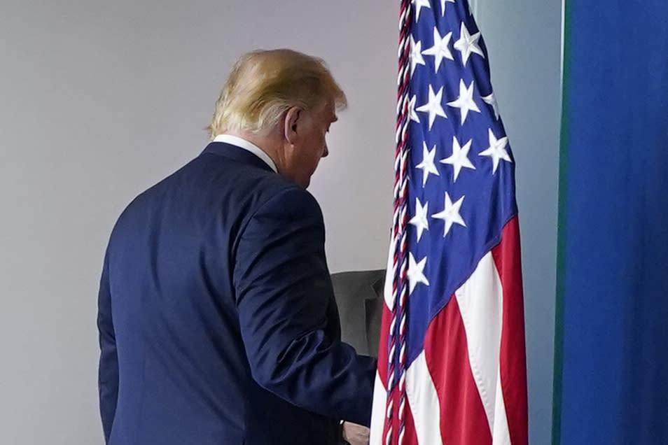 President Donald Trump walks away after speaking at the White House, Thursday, Nov. 5, 2020, in Washington. (AP Photo/Evan Vucci)