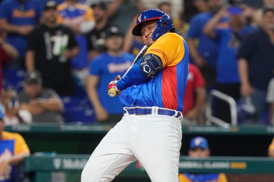 Venezuela designated hitter Miguel Cabrera grimaces at a close pitch during the fourth inning of a World Baseball Classic game against Nicaragua on Tuesday, March 14, 2023, in Miami.