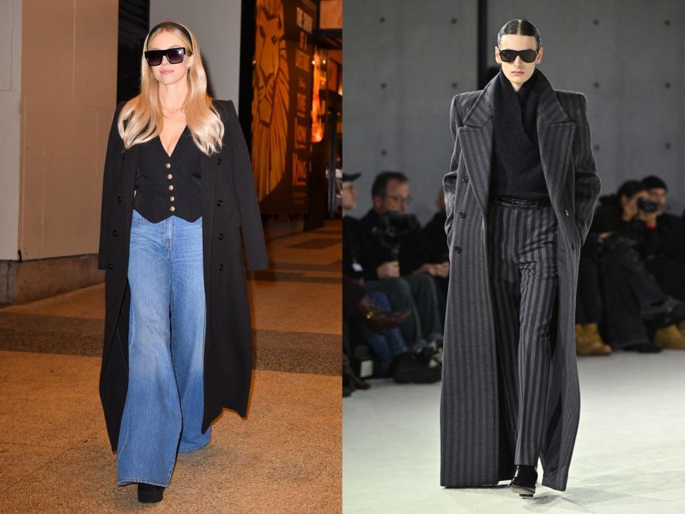 Sydney Sweeney wearing a black coat and wide leg jeans, a model on the Saint Laurent Menswear Fall-Winter 2023-2024 runway wearing a long striped coat and pants