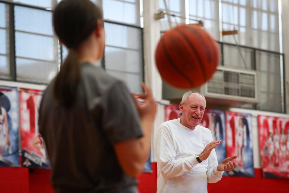 Head girls basketball coach Malcolm Smith runs practice at Incarnate Word Academy on Monday, Feb. 12, 2024, in Corpus Christi, Texas.