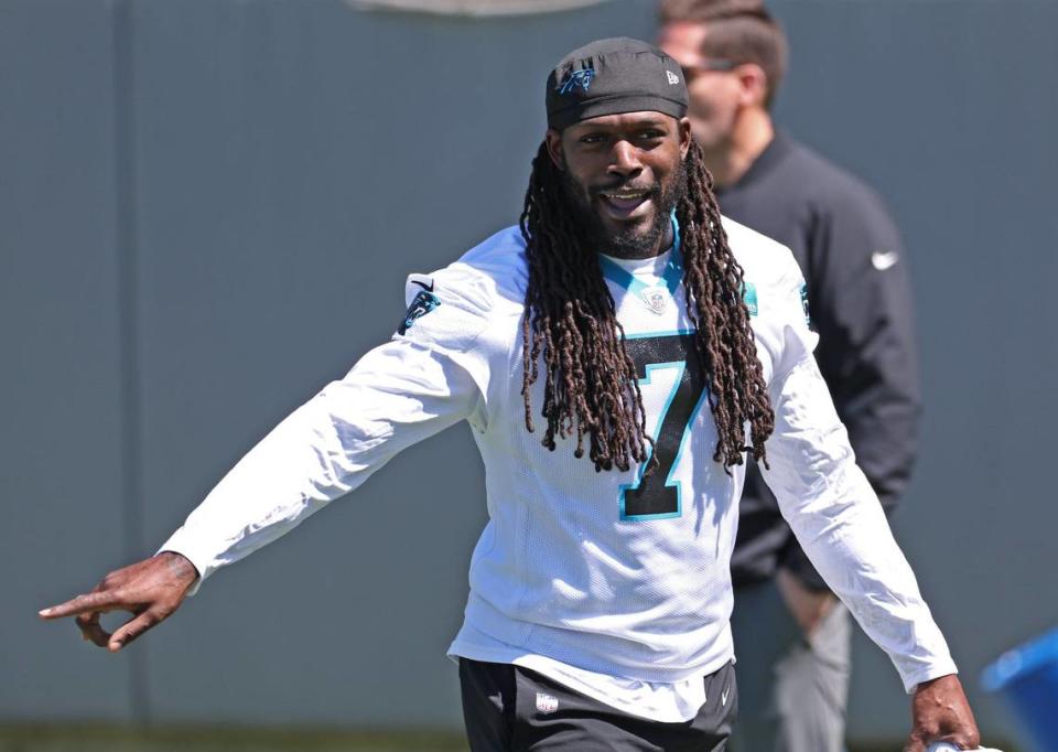 Carolina Panthers outside linebacker Jadeveon Clowney prepares to run through a drill during the team’s voluntary minicamp practice on Tuesday, April 23, 2024.