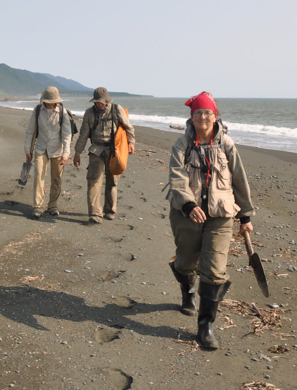 Scientists walk along the shore in their protective bug suits, called "encefalitka" in Russian because they were designed for areas where the bugs carry encephalitis. Fortunately, said Joanne Bourgeois, the breezy shore helps keep bugs away and