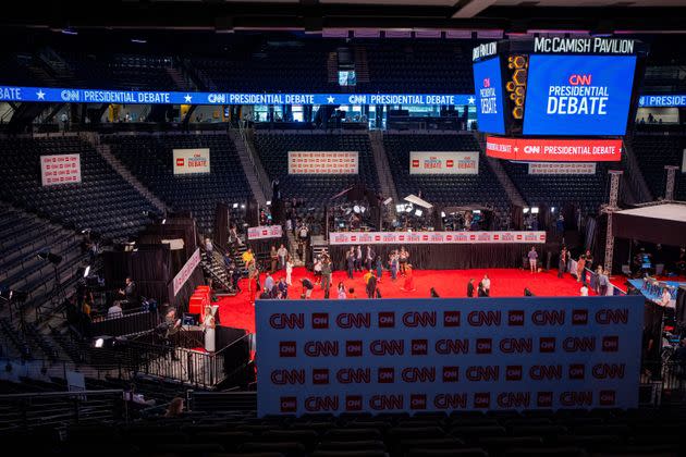 People mingle in the CNN Spin Room ahead of Thursday's presidential debate in Atlanta between President Joe Biden and former President Donald Trump.