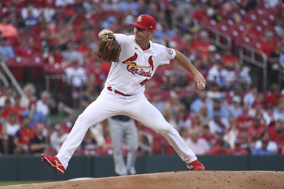 St. Louis Cardinals starting pitcher Wade LeBlanc winds up during the first inning of the team's baseball game against the Minnesota Twins on Friday, July 30, 2021, in St. Louis. (AP Photo/Joe Puetz)