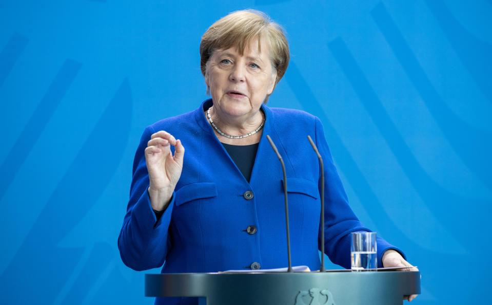 BERLIN, GERMANY - APRIL 20: German Chancellor Angela Merkel speaks to the media following a meeting of the government crisis cabinet on April 20, 2020 in Berlin, Germany. Germany is taking its first steps this week to ease restrictions on public life that had been imposed weeks ago in order to stem the spread of the coronavirus. Shops across the country are reopening, factory assembly lines are restarting and high schools are holding final exams. Health leaders are monitoring the process carefully for any resurgence of coronavirus infections. The number of infections nationwide is still rising, though so far at a declining rate. (Photo by Andreas Gora - Pool/Getty Images)