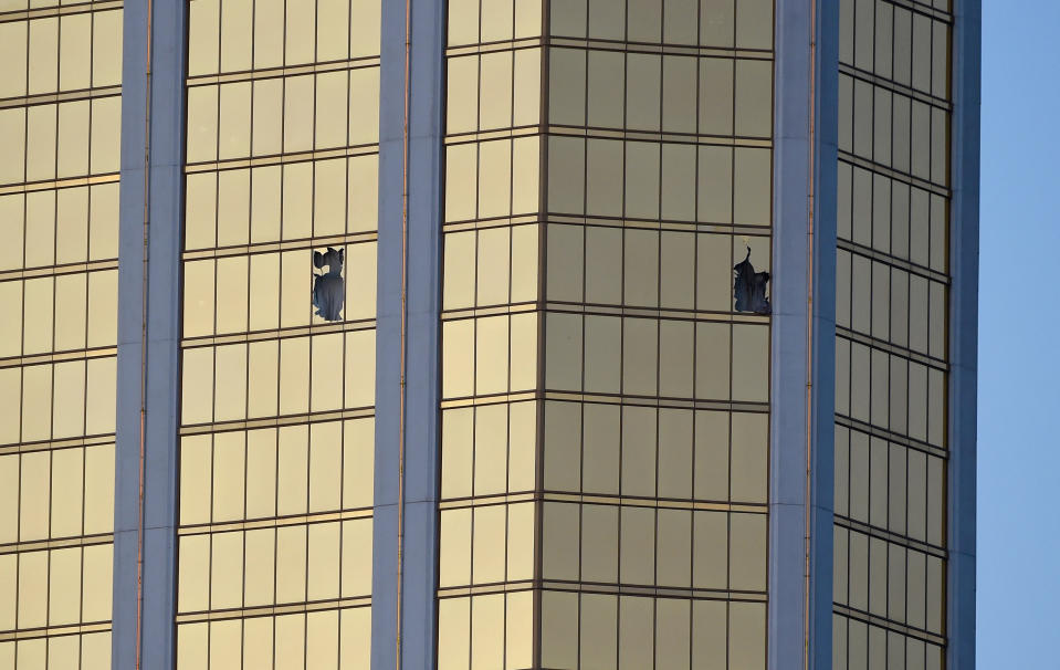 <p>Broken windows are seen on the 32nd floor of the Mandalay Bay Resort and Casino after a lone gunman opened fired on the Route 91 Harvest country music festival on Oct. 2, 2017 in Las Vegas. (Photo: David Becker/Getty Images) </p>