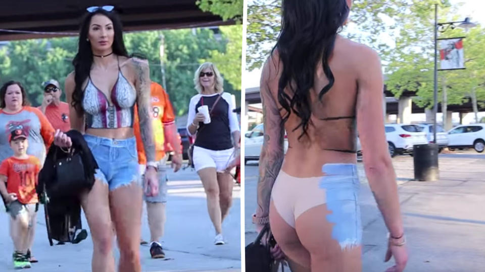 Body painter does social experiment on half dressed woman. Source: YouTube/JenTheBodyPainter