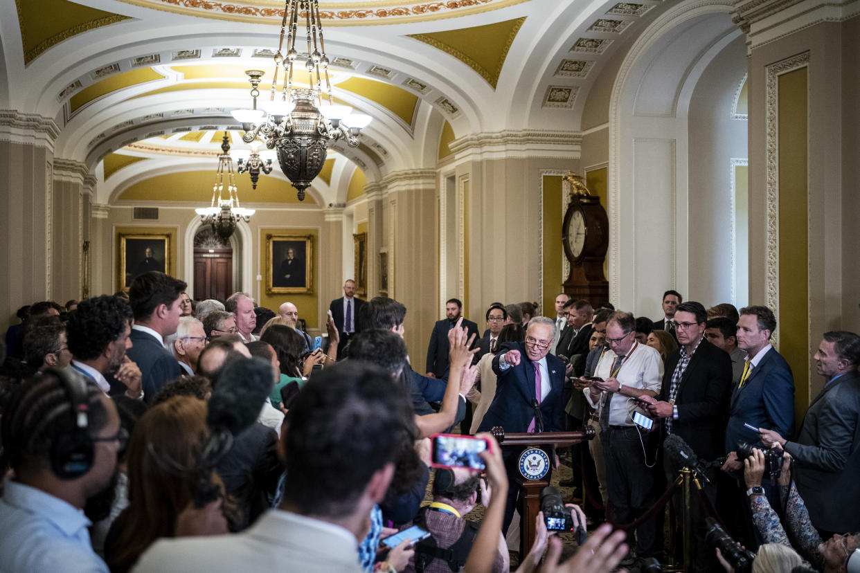 Senate Majority Leader Chuck Schumer (D-N.Y.) takes questions at a news conference on Capitol Hill in Washington, July 9, 2024. (Haiyun Jiang/The New York Times)