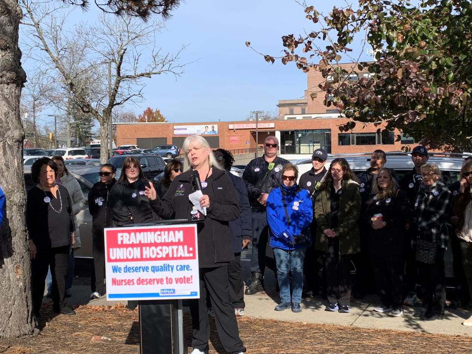 Ginnie Ford, a nurse at Framingham Union Hospital, speaks in support of unionization efforts during a press conference in November. Ford began her nursing career at Framingham Union in 1977.