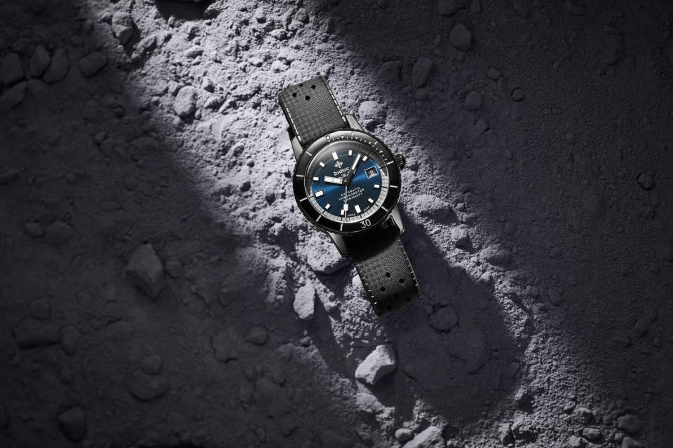 Zodiac Super Sea Wolf ceramic watch on a fake ocean floor