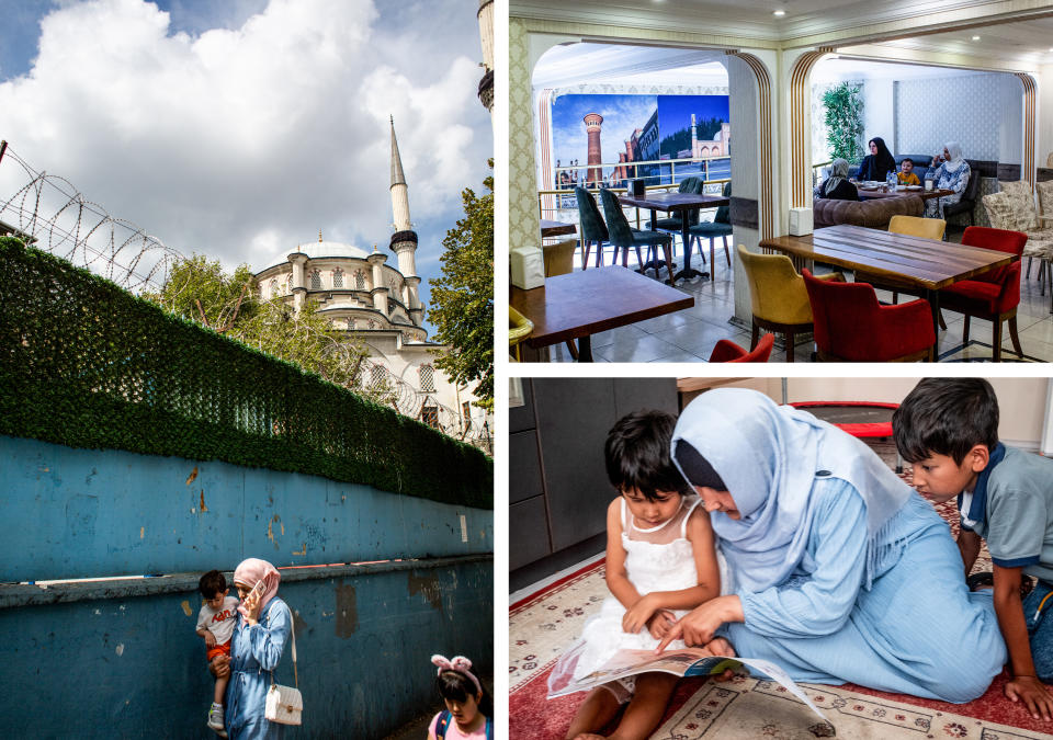 Istanbul's Zeytinburnu neighborhood, left and top, is popular with Uyghur immigrants. Zeynure Obul, bottom, plays with her children at the their home in Istanbul. Obul's husband, Idris Hasan, a Uyghur activist, is imprisoned in Morocco. (Yusuf Sayman for NBC News)