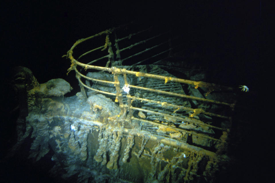 This image provided by the Woods Hole Oceanographic Institution shows the bow of the Titanic 12,500 feet (3.8 kilometers) below the surface of the ocean, 400 miles (640 kilometers) off the coast of Newfoundland, Canada in 1986. Rare and in some cases never before publicly seen video of the dive is being released on Wednesday, Feb. 15, 2023, by the Woods Hole Oceanographic Institution. (Woods Hole Oceanographic Institution via AP)