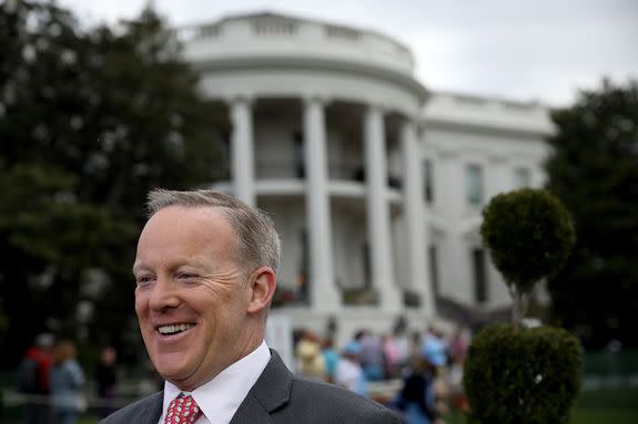 WASHINGTON, DC - APRIL 17:  White House press secretary Sean Spicer greets reporters during the 139th Easter Egg Roll on the South Lawn of the White House April 17, 2017 in Washington, DC. The White House said 21,000 people were expected to attend the annual tradition of rolling colored eggs down the White House lawn that was started by President Rutherford B. Hayes in 1878.  (Photo by Win McNamee/Getty Images)