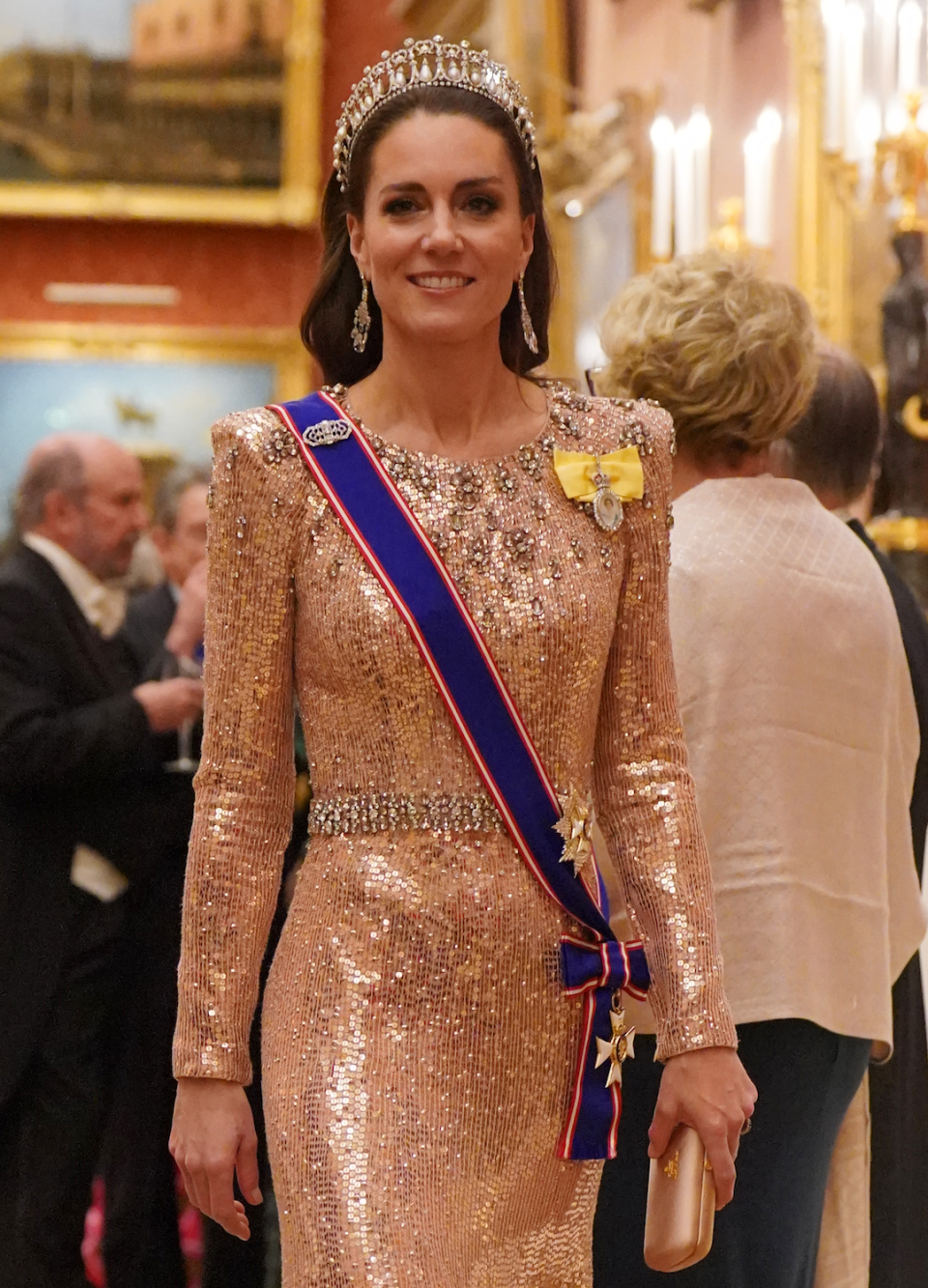 <p> The princess shimmered as she attended the annual Diplomatic Corps reception at Buckingham Palace in 2023. She wore a pale pink sequinned long-sleeved gown by Jenny Packham, along with a satin-effect clutch bag in a matching shade - but it was her tiara that commanded attention. </p>