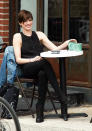 Anne Hathaway is all smiles on the set of 'Song One' in New York.