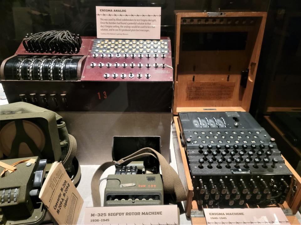 German Enigma coding and decoding machines are on display.