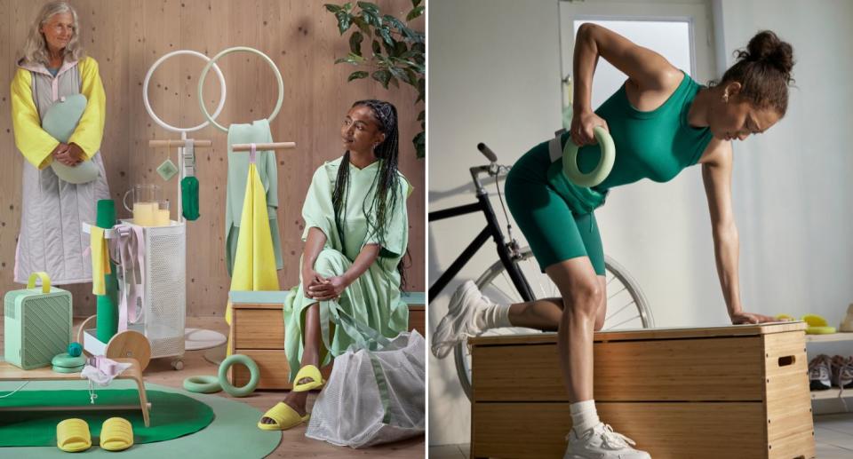 Two women in a room with fitness gear; Woman doing tricep exercises on workout bench