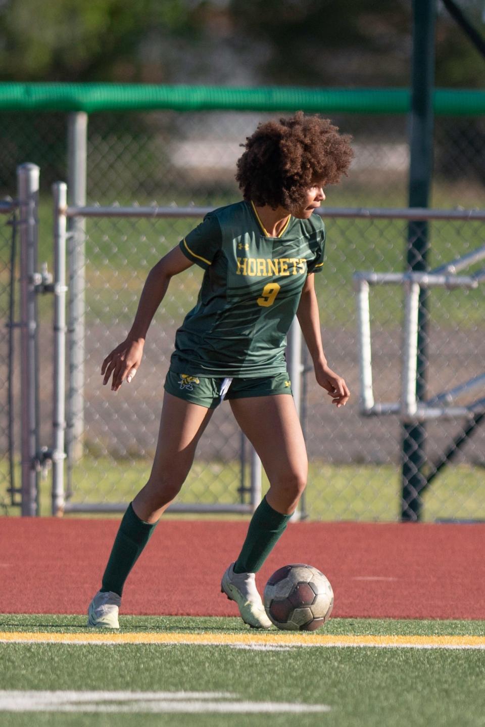 Pueblo County's Jeni Hijar looks to make a pass during the first round of the CHSAA girls soccer state championship tournament against Cheyenne Mountain on Wednesday, May 8, 2024.