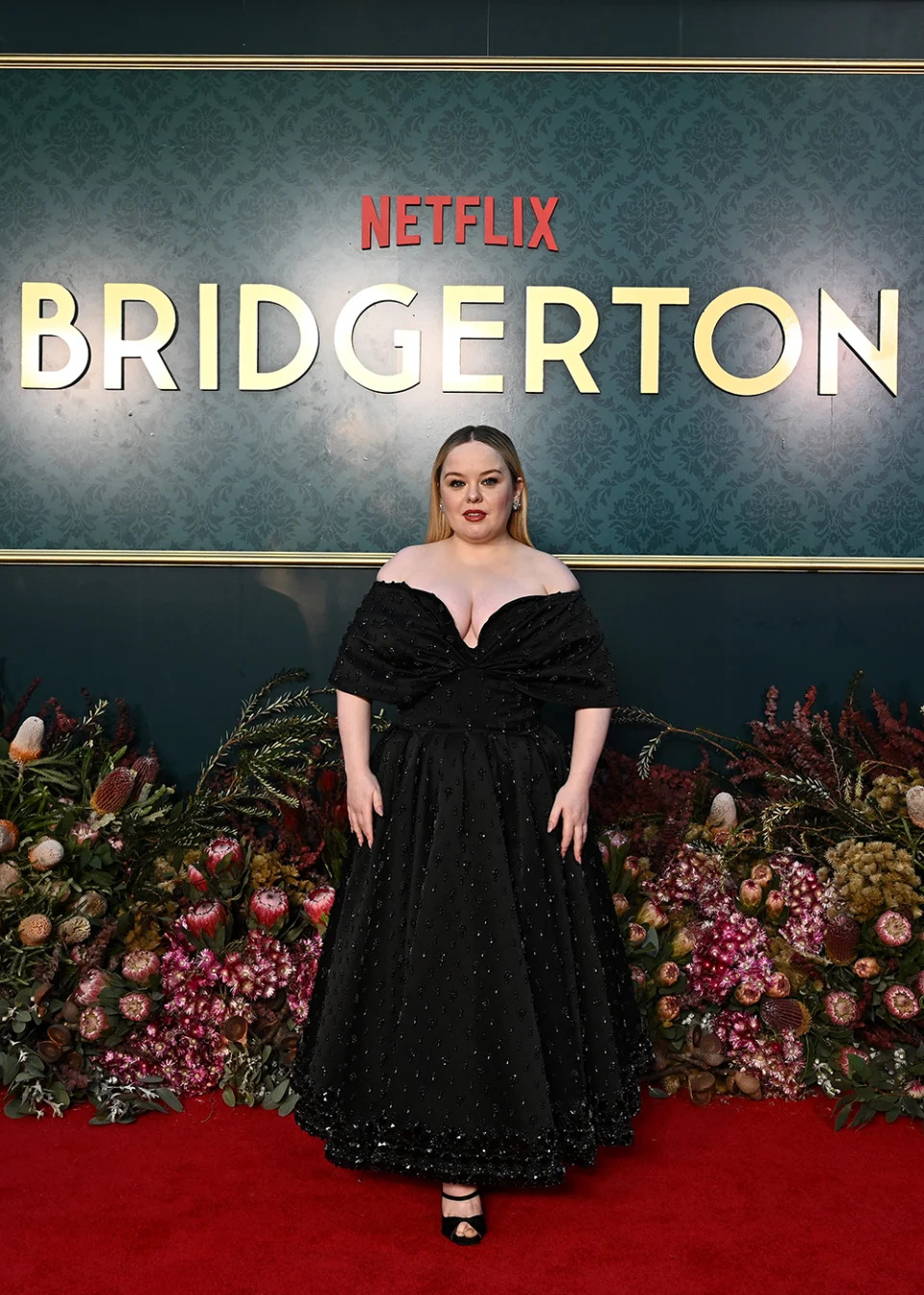 Nicola Coughlan attends the premiere of "Bridgerton" season three on April 21 in Bowral, Australia, Richard Quinn, red carpet, Netflix