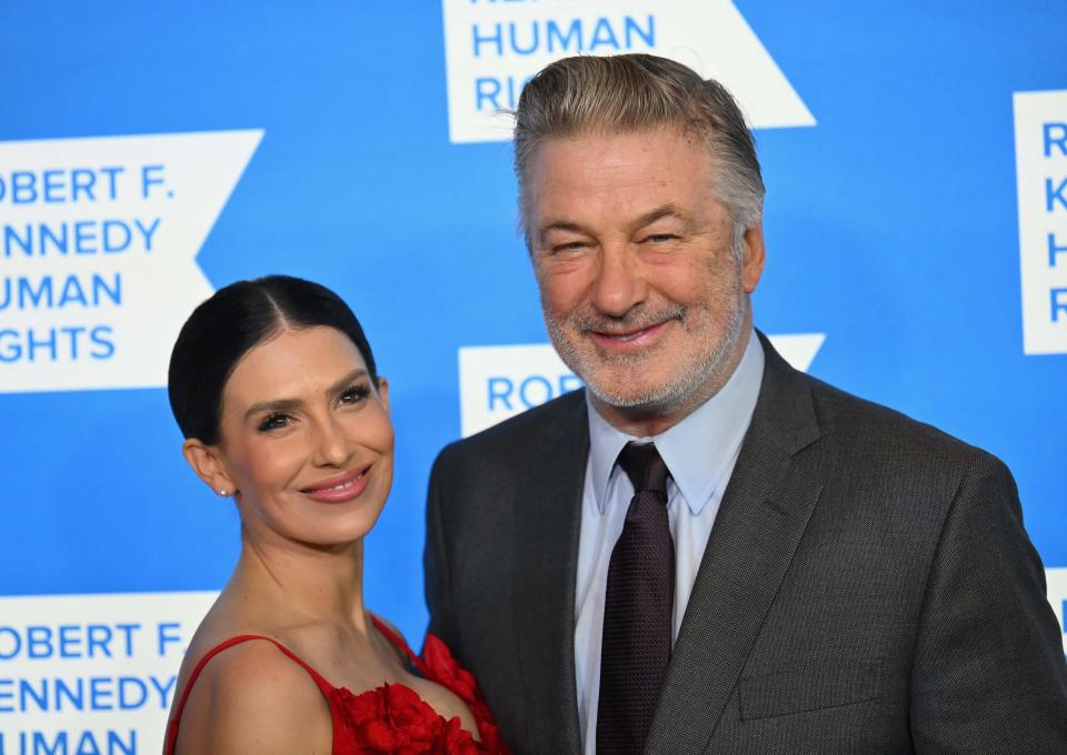 Alec and Hilaria Baldwin recreated a family photo with their seven kids. (Photo by ANGELA WEISS / AFP) (Photo by ANGELA WEISS/AFP via Getty Images)