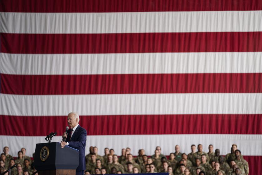 President Joe Biden speaks at Joint Base Elmendorf-Richardson to mark the anniversary of the Sept. 11 terrorist attacks, Monday, Sept. 11, 2023, in Anchorage, Alaska. (AP Photo/Evan Vucci)