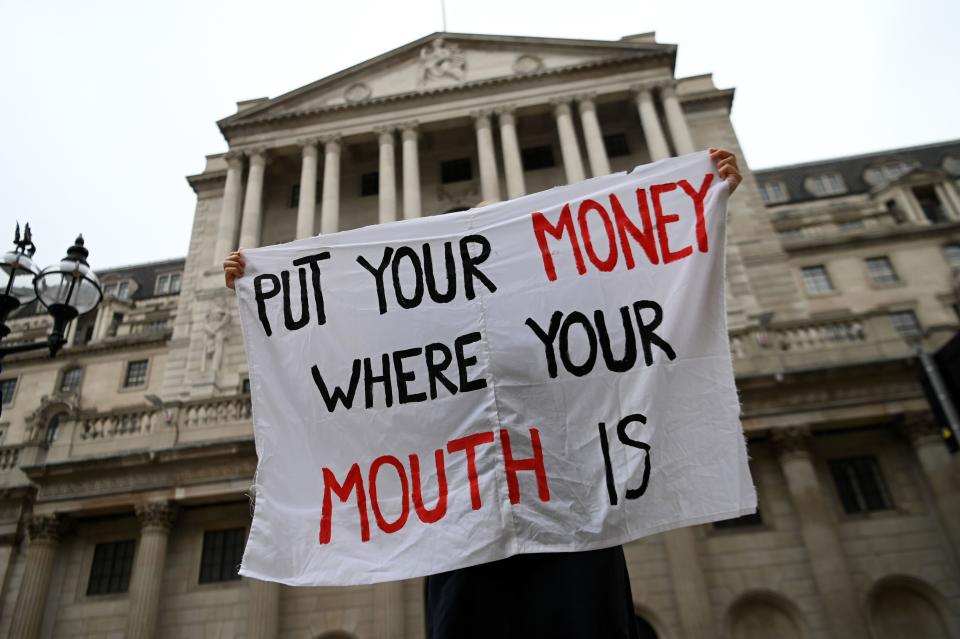Climate protesters outside the Bank of England in central London on 6 August 2020. Photo: Daniel Leal-Olivas/AFP via Getty
